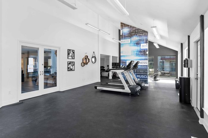 Sleek and modern fitness center featuring high-quality treadmills, expansive windows, and motivational wall art for an energizing workout.