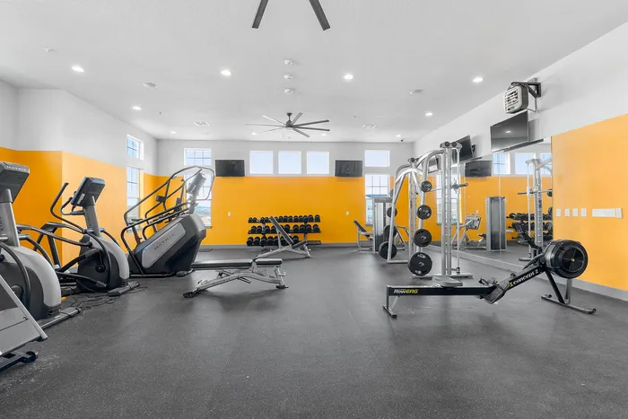 Bright and modern apartment gym with cardio machines and weightlifting equipment.