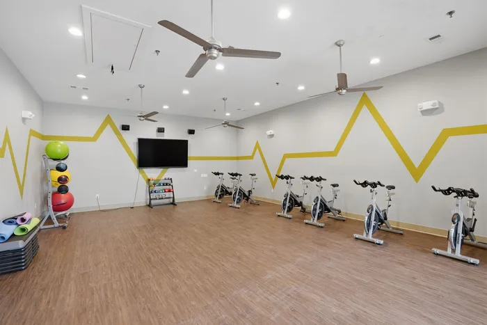 Modern fitness room equipped with stationary bikes and colorful exercise balls.