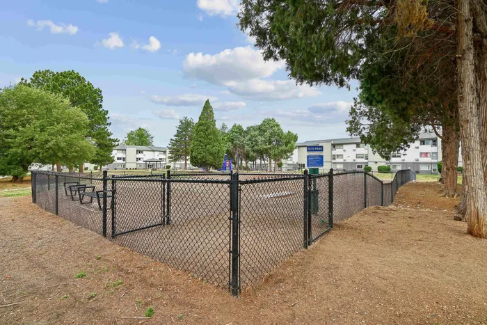 Charming apartment complex with a well-maintained dog park surrounded by lush greenery and modern amenities.
