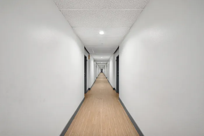 Modern apartment hallway with sleek wooden flooring and bright lighting creating a welcoming ambiance.