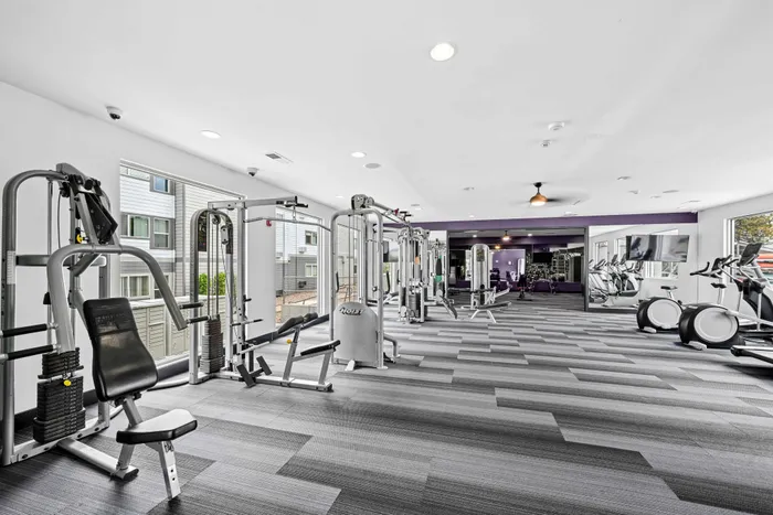 Modern fitness center with state-of-the-art equipment, spacious layout, and natural lighting.