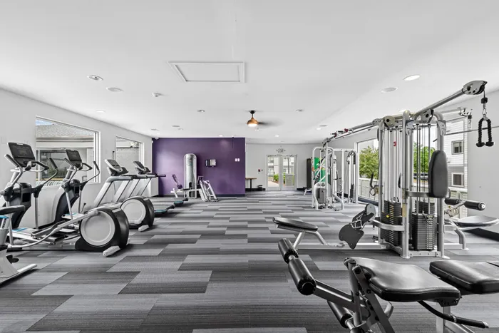 Modern fitness center featuring state-of-the-art exercise equipment, bright windows, and a vibrant purple accent wall.