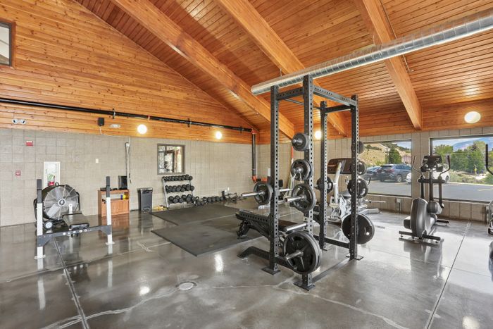 Modern gym with high ceilings, featuring weight racks, exercise machines, and a scenic view through large windows.