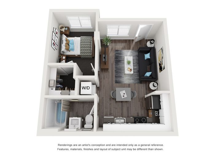 Modern 3D floor plan featuring a cozy 1-bedroom apartment with an elegant living area and a stylish kitchen.