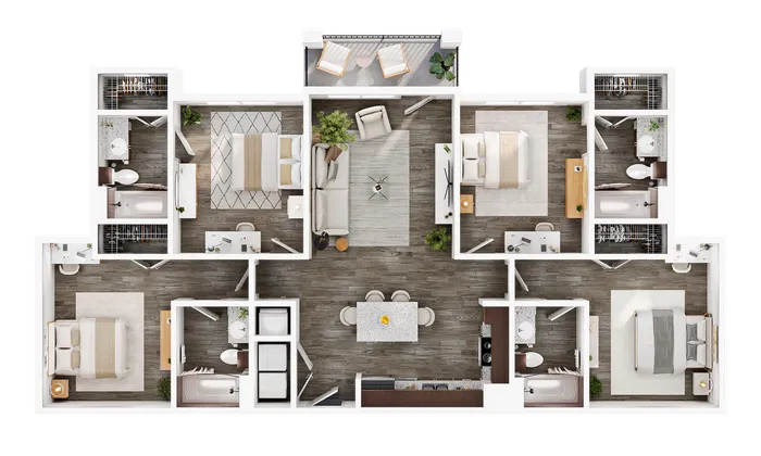Elegant 3D floor plan showcasing a modern apartment with three spacious bedrooms, stylish living room, and a sleek kitchen, complemented by two luxurious bathrooms and a cozy balcony.