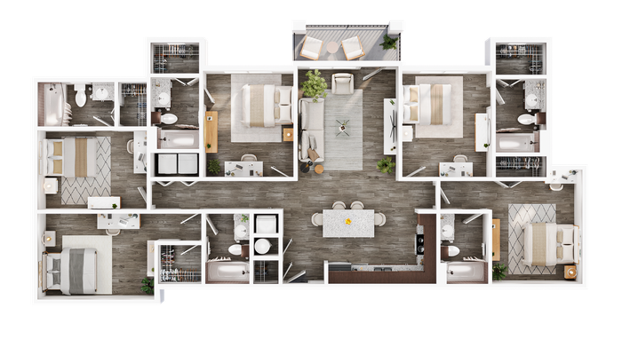 Modern 2D floor plan showcasing three spacious bedrooms, open living area, and sleek kitchen with dining space.