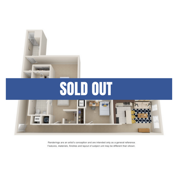 Modern 3D floor plan of a stylish apartment featuring an open-concept living area, cozy bedroom, and sleek kitchen with dining space.