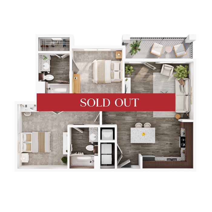 Elegant 3D floor plan showcasing a modern two-bedroom apartment with open-concept living and dining area, stylish kitchen, and cozy balcony space. SOLD OUT.