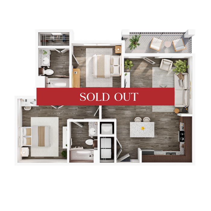 Elegant 2D floor plan showcasing 2 bedrooms, 2 bathrooms, a contemporary kitchen, and a cozy living area with balcony; labeled as sold out.