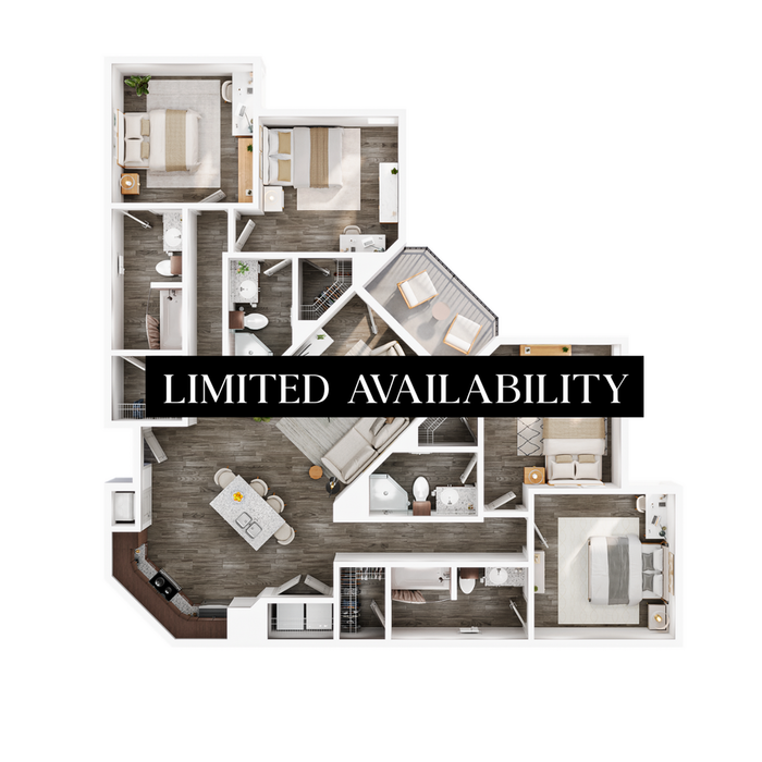 Elegant floor plan featuring 4 bedrooms, 2 bathrooms, a modern open-concept kitchen with island, and a cozy living area with access to a private balcony. Limited availability for this stylish apartment layout.