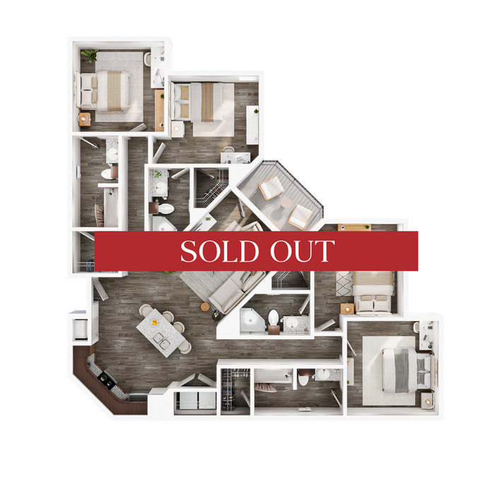 Modern floor plan featuring three bedrooms, two bathrooms, an open kitchen with island, and a cozy living area, highlighted with a 'Sold Out' banner.