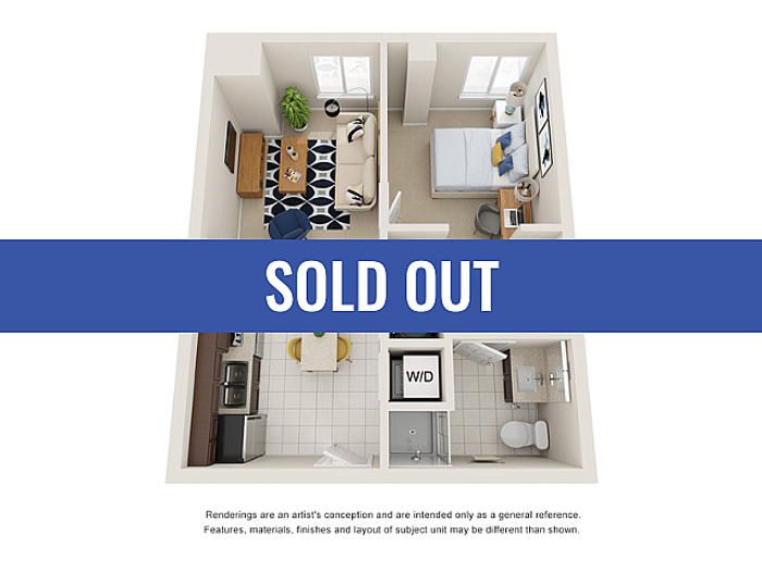 Charming 3D floor plan showcasing a cozy apartment with a bedroom, inviting living room, modern kitchen, and functional bathroom. SOLD OUT banner displayed.