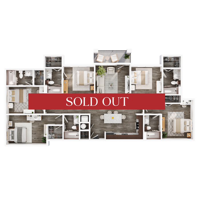 Modern 3D floor plan featuring 3 spacious bedrooms, a contemporary open concept living area, and a large gourmet kitchen, elegantly styled with hardwood flooring.