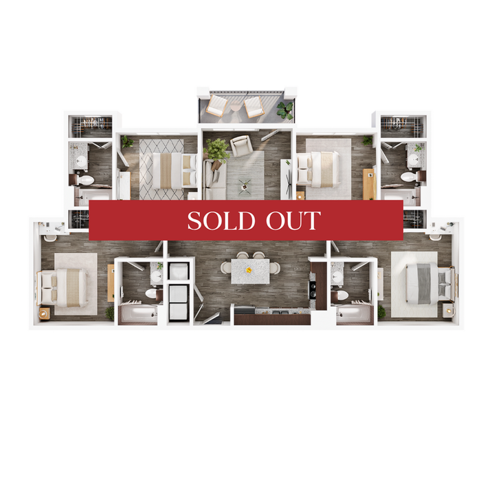 Modern 3-bedroom apartment floor plan with spacious living area, sleek kitchen, and cozy balcony, marked as sold out.