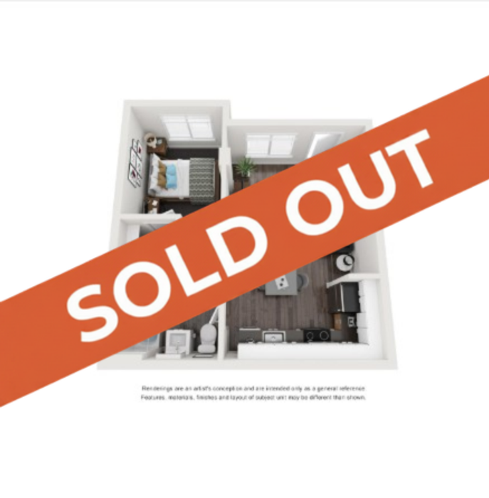 Chic 3D apartment floor plan with a modern open layout, featuring a cozy bedroom, stylish kitchen, and contemporary living space. SOLD OUT banner prominently displayed.