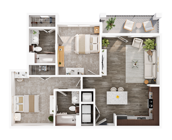 Modern 2D floor plan featuring two bedrooms, two bathrooms, stylish open-concept living area, and cozy balcony space. Ideal for elegant urban living.