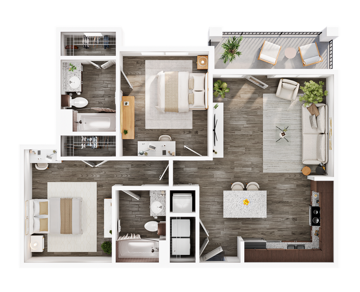 Modern 3D floor plan showcasing 2 bedrooms, 2 bathrooms, a stylish open kitchen with an island, elegant living area, and a cozy balcony with seating and greenery.