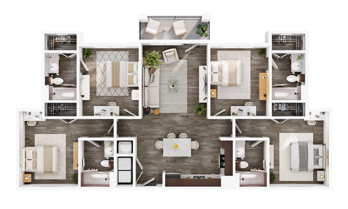 Modern 3D floor plan showcasing a luxurious three-bedroom apartment with a central living area, elegant dining space, and two sleek bathrooms, complemented by stylish furnishings and a private balcony.