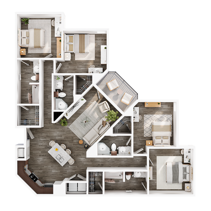 Modern apartment floor plan showcasing 3 spacious bedrooms, open-concept living and dining area, sleek kitchen, and two elegant bathrooms with contemporary finishes.