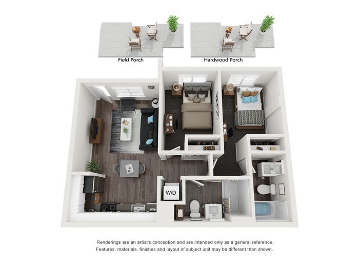 Contemporary 3D floor plan showcasing 2 bedrooms, a stylish living area, modern kitchen, and dual porches.