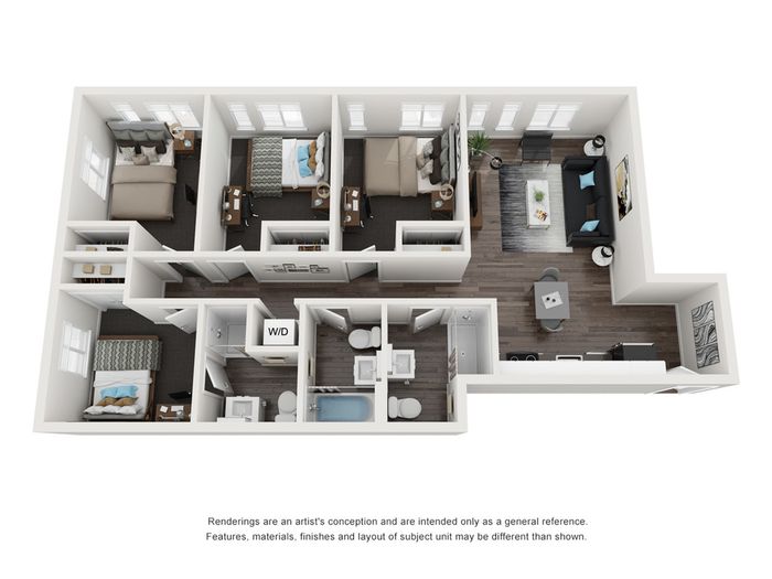 Modern 3D floor plan showcasing three bedrooms, elegant open living space, and convenient kitchen layout with wood flooring.