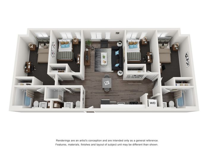 Modern 3D floor plan featuring three spacious bedrooms, a stylish living area, and a contemporary kitchen with elegant finishes.