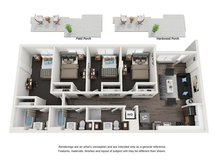 Contemporary 3D floor plan showcasing 3 cozy bedrooms, a stylish open-plan living area, and a sleek kitchen, complete with dual porches for outdoor relaxation.