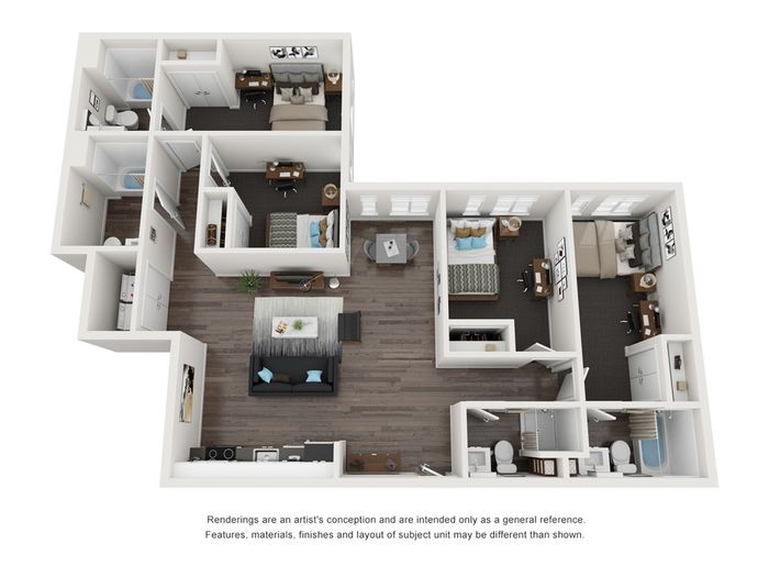 Modern 3D floor plan showcasing a stylish apartment with three bedrooms, two bathrooms, spacious living area, and a contemporary kitchen.