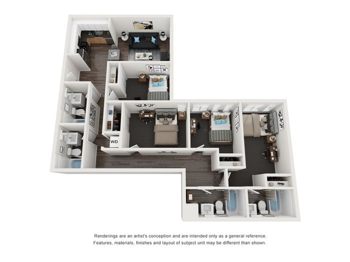 Modern 3D floor plan featuring two spacious bedrooms, a cozy living room, and sleek kitchen with high-end finishes.