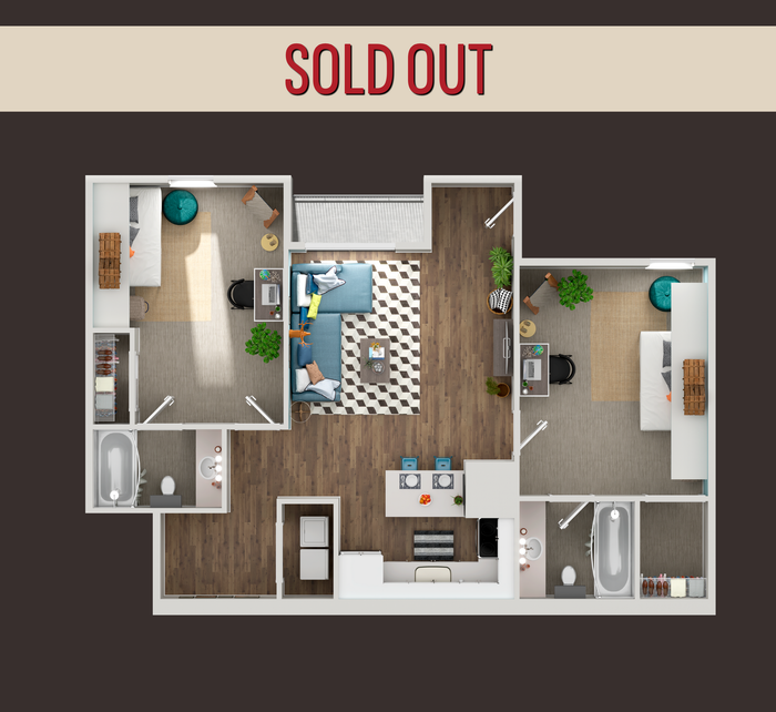 Chic apartment floor plan with 2 cozy bedrooms, modern living room, elegant dining area, and sleek kitchen layout. Stylish design with contemporary furnishings and vibrant accents.