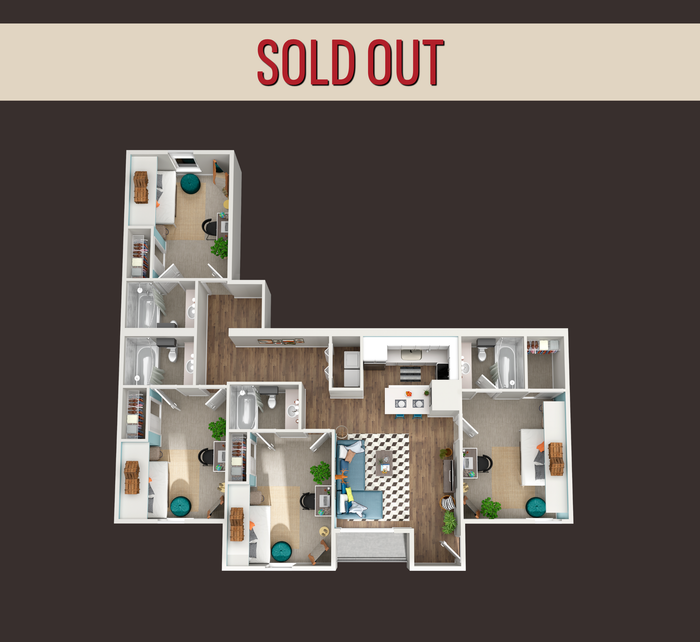 Elegant 3D floor plan of a spacious apartment featuring three bedrooms, a modern kitchen, and an inviting open-concept living area. The unit includes two bathrooms and is designed for comfort and style. Sold out availability indicates high demand for this desirable layout.