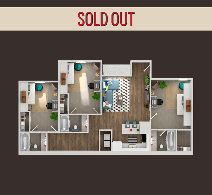 Modern 4-bedroom apartment floor plan showcasing an open-concept living room, elegant kitchen, and two full bathrooms. Stylish design with ample space, perfect for contemporary living.