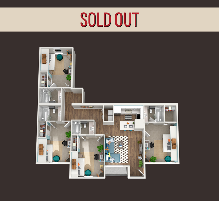 Modern 3D floor plan showcasing three cozy bedrooms, a chic living area, and a gourmet kitchen, all sold out.