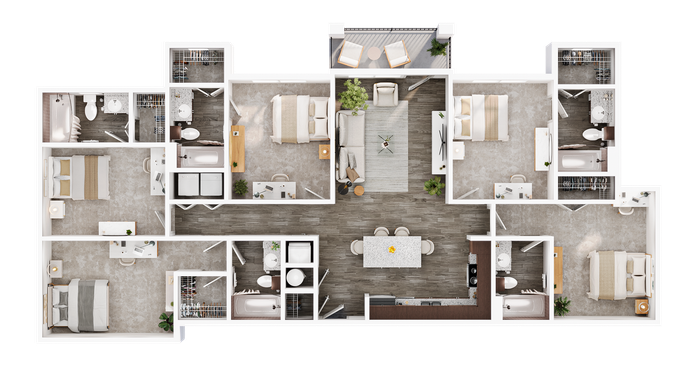 Elegant 5-bedroom apartment floor plan featuring a spacious open-concept living area, modern kitchen, and multiple bathrooms, perfect for family living.