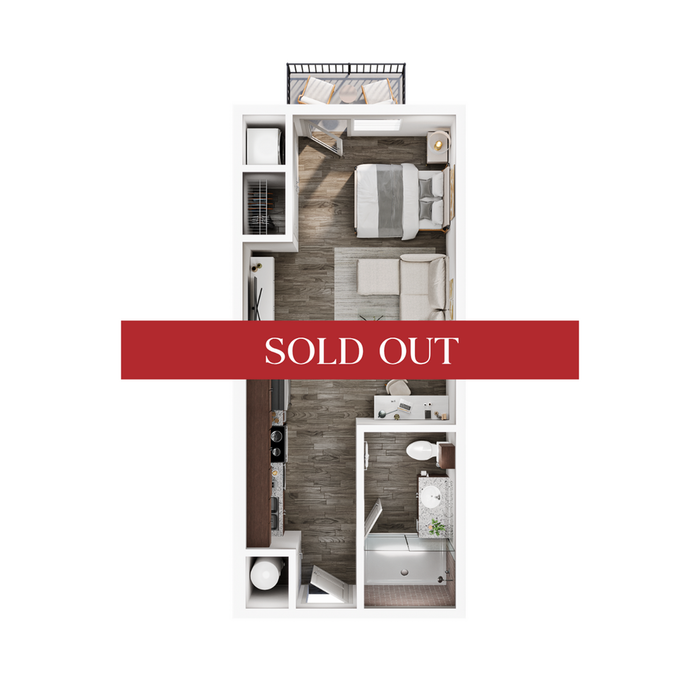 Chic studio apartment floor plan featuring a cozy bedroom area, modern kitchen, and stylish bathroom, all in an efficient layout. Sold out status highlights its desirability.