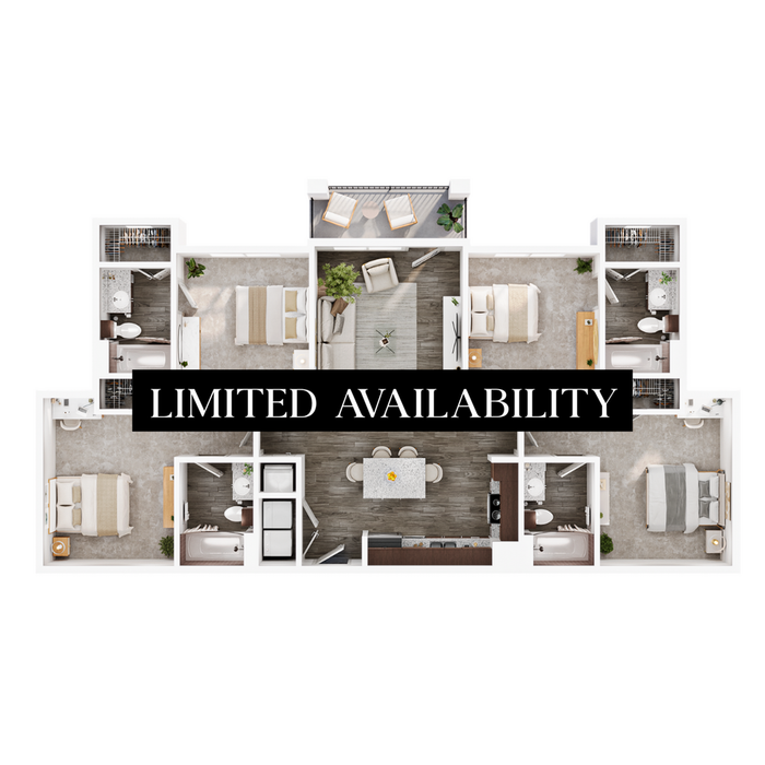 Modern floor plan featuring 3 spacious bedrooms, a cozy living area, elegant kitchen, and stylish bathrooms, showcasing limited availability.