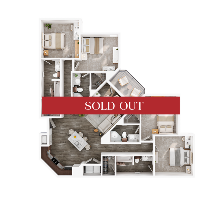 Modern apartment floor plan showcasing 3 bedrooms, a stylish open-concept kitchen and living area, luxurious bathrooms, and a cozy balcony. Currently marked as sold out.