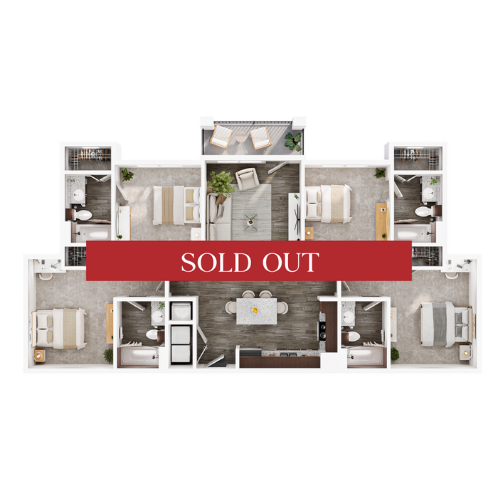 Contemporary floor plan with 4 bedrooms, spacious living area, and modern kitchen, now sold out.
