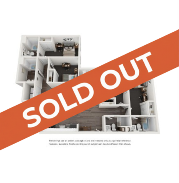 Modern 3D floor plan showcasing a sophisticated apartment layout with multiple rooms, sold out sign indicating high demand.