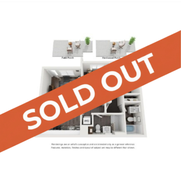 Contemporary floor plan with 2 bedrooms, stylish living area, and modern kitchen featuring private patio spaces, marked as sold out.