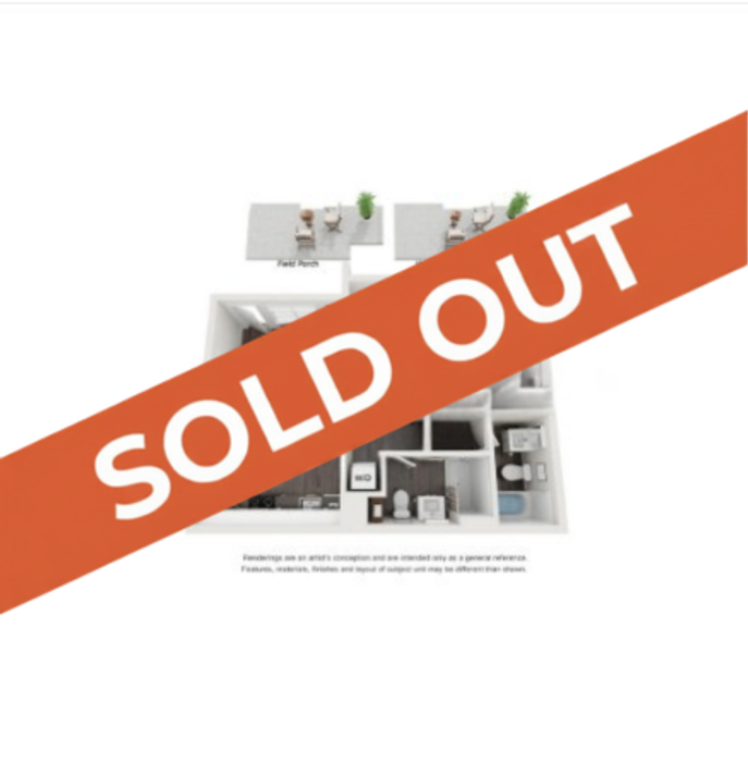 Modern floor plan showcasing a well-designed layout with multiple rooms, including a cozy outdoor patio area, marked as sold out.