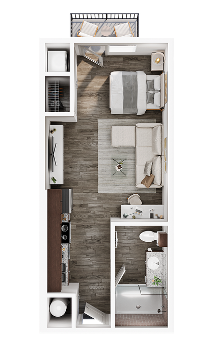 Modern studio apartment floor plan with a cozy bedroom, sleek kitchen, and stylish living area, complete with a balcony.