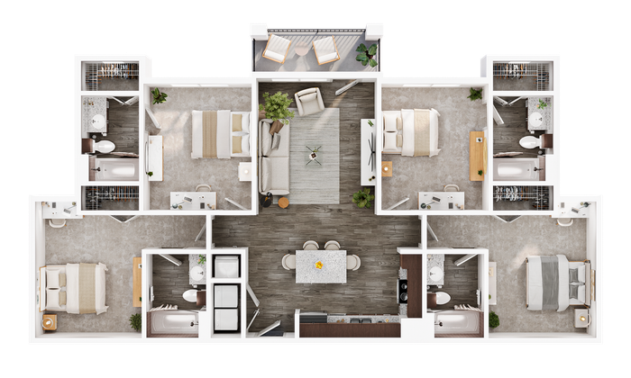 Bright and airy 3-bedroom floor plan with stylish open-concept living area, modern kitchen, and two elegant bathrooms.