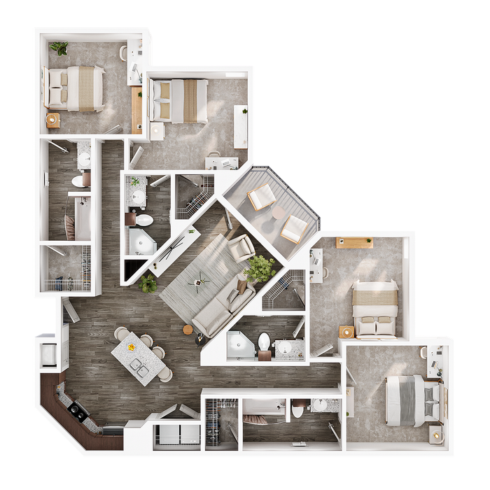 Contemporary 4-bedroom apartment floor plan with open living-dining area, sleek kitchen, and private balcony for a modern living experience.