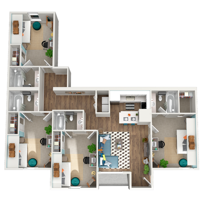 Elegant 3D floor plan showcasing a spacious layout with three bedrooms, two modern bathrooms, a sleek kitchen, and a cozy open-concept living area with chic decor.