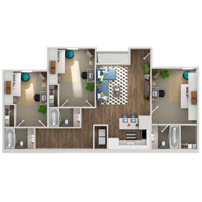 Modern floor plan showcasing 3 bedrooms, inviting living area, and fully-equipped kitchen, perfect for family living.