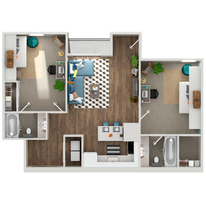 Modern floor plan showcasing 2 bedrooms with workspaces, stylish living area, and open kitchen with dining space, featuring luxurious bathrooms.