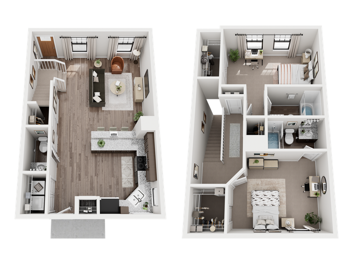 Modern 2-story floor plan featuring a stylish open-concept living area, contemporary kitchen with marble countertops, 2 cozy bedrooms, and 2 chic bathrooms.