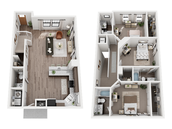 Contemporary 3D floor plan highlighting an expansive open-concept living area, modern kitchen, two cozy bedrooms, and luxurious bathrooms.